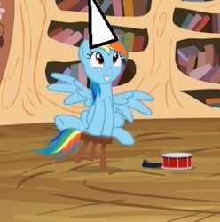 Size: 326x328 | Tagged: safe, edit, screencap, rainbow dash, g4, testing testing 1-2-3, 1000 hours in ms paint, cute, dashabetes, dunce hat, female, hat, ms paint, solo, spoiler