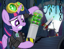 Size: 900x695 | Tagged: safe, artist:pixelkitties, twilight sparkle, alicorn, parasprite, pony, g4, crossover, female, goggles, mare, missile, rope, solo, the rock (movie), twilight sparkle (alicorn), walkie talkie
