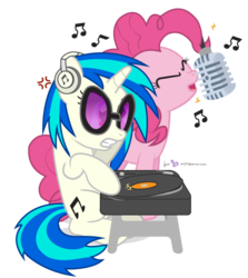 Size: 735x825 | Tagged: safe, artist:dm29, dj pon-3, pinkie pie, vinyl scratch, g4, testing testing 1-2-3, duo, microphone, prehensile mane, rap, rapper pie, rapping, simple background, singing, transparent background, turntable