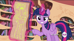 Size: 1920x1080 | Tagged: safe, screencap, twilight sparkle, alicorn, pony, g4, testing testing 1-2-3, all new, book, centerfold, d:, drawing, female, frown, glare, gritted teeth, hub logo, hubble, i am not that tall, looking at you, magic, pointing, rainbow dash's centerfold, raised eyebrow, solo, telekinesis, text, the hub, twilight sparkle (alicorn)