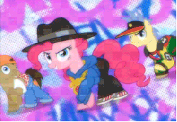 Size: 520x360 | Tagged: safe, screencap, doctor whooves, goldengrape, pinkie pie, red delicious, sir colton vines iii, time turner, earth pony, pony, g4, season 4, testing testing 1-2-3, animated, apple family member, backup dancers, female, loop, male, mare, rap, rapper pie, stallion