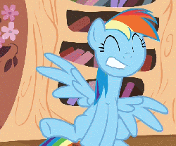 Size: 600x500 | Tagged: safe, screencap, rainbow dash, pegasus, pony, season 4, testing testing 1-2-3, animated, chair, cute, dashabetes, female, grin, happy, irrational exuberance, lip bite, loop, out of context, rocking, solo, spread wings, stool, stooldash