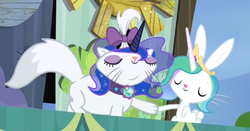 Size: 1010x530 | Tagged: safe, screencap, angel bunny, opalescence, cat, rabbit, g4, my little pony: friendship is magic, testing testing 1-2-3, angelestia, celestia's crown, costume, duo, eyes closed, fake horn, female, handshake, male, opaluna