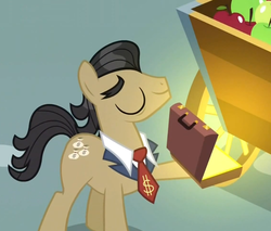 Size: 978x832 | Tagged: safe, screencap, filthy rich, earth pony, pony, g4, testing testing 1-2-3, apple, cart, dollar sign, eyes closed, food, glowing, hoof hold, male, pulp fiction, smiling, solo, stallion, suitcase