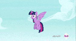 Size: 640x344 | Tagged: safe, screencap, cherry berry, twilight sparkle, alicorn, earth pony, pony, g4, testing testing 1-2-3, all new, animated, aviator goggles, aviator hat, debate in the comments, female, flying, goggles, hat, helicopter, hub logo, mare, pedalcopter, product placement, surprised, text, twilight sparkle (alicorn), wide eyes