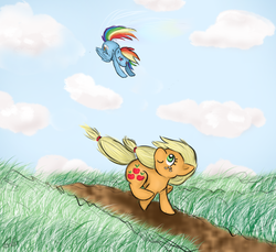 Size: 883x810 | Tagged: safe, artist:chiuuchiuu, applejack, rainbow dash, g4, chase, flowing mane, flying, happy, looking back, looking down, looking up, racing, running, windswept mane