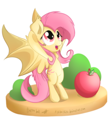 Size: 2500x2800 | Tagged: safe, artist:kyodashiro, fluttershy, pony, g4, apple, bipedal, cute, dirt cube, fangs, female, flutterbat, high res, open mouth, shyabetes, smiling, solo, spread wings