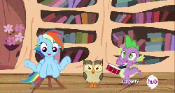 Size: 640x344 | Tagged: safe, screencap, owlowiscious, rainbow dash, spike, dragon, owl, pegasus, pony, testing testing 1-2-3, animated, baby, baby dragon, book, bookshelf, bouncing, cute, cutie mark, dashabetes, drums, event horizon of cuteness, female, flower, golden oaks library, hub logo, i have done nothing productive all day, jumping, loop, male, marching, mare, musical instrument, silly, spikabetes, stool, stooldash, the hub, watermark