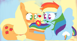 Size: 900x480 | Tagged: dead source, safe, artist:misspolycysticovary, applejack, rainbow dash, earth pony, pegasus, pony, g4, blushing, duo, female, flower, heart, lesbian, ship:appledash, shipping