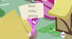 Size: 716x385 | Tagged: safe, edit, edited screencap, screencap, berry punch, berryshine, g4, my little pony: friendship is magic, testing testing 1-2-3, alcoholic, all new, berry's sign, female, hub logo, sign, solo, text