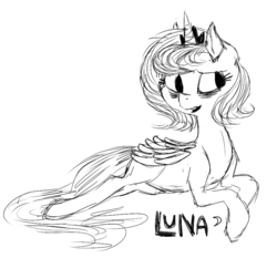 Size: 856x798 | Tagged: dead source, safe, artist:berrydrops, princess luna, alicorn, pony, g4, female, grayscale, mare, monochrome, prone, s1 luna, short mane, solo