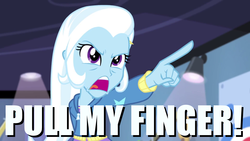 Size: 1280x720 | Tagged: safe, edit, edited screencap, screencap, trixie, equestria girls, g4, guitar centered, my little pony equestria girls: rainbow rocks, caption, clothes, fart joke, female, image macro, meme, objection, pointing, pointing trixie, solo, text, trixie yells at everything