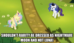 Size: 1494x884 | Tagged: safe, screencap, fluttershy, rarity, pegasus, pony, unicorn, g4, testing testing 1-2-3, caption, celestia costume, celestia's crown, clothes, crown, duo, fake horn, fake wings, female, jewelry, lowres, lunarity, mare, peytral, regalia, shylestia