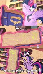 Size: 1204x2061 | Tagged: safe, edit, edited screencap, screencap, twilight sparkle, g4, testing testing 1-2-3, all new, as if i really look like this, big fat meanie, centerfold, i am not that tall, mrs. puff, new student starfish, rainbow dash's centerfold, spongebob squarepants, text, twilight sparkle (alicorn)