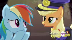 Size: 1920x1080 | Tagged: safe, screencap, applejack, rainbow dash, g4, my little pony: friendship is magic, testing testing 1-2-3, all new, hub logo, lidded eyes, out of context