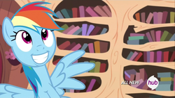 Size: 1920x1080 | Tagged: safe, screencap, rainbow dash, pony, g4, my little pony: friendship is magic, testing testing 1-2-3, female, hub logo, solo, stooldash