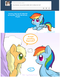 Size: 814x1057 | Tagged: safe, artist:spiralshockwave, applejack, rainbow dash, ask appledash!, g4, ask, blushing, female, lesbian, loose hair, ship:appledash, shipping, wet mane