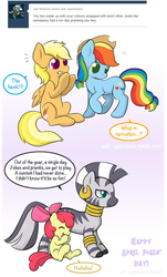 Size: 722x1196 | Tagged: safe, artist:spiralshockwave, apple bloom, applejack, rainbow dash, zecora, zebra, ask appledash!, g4, april fools, ask, female, lesbian, palette swap, ship:appledash, shipping, tumblr