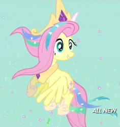 Size: 362x383 | Tagged: safe, screencap, fluttershy, pegasus, pony, g4, testing testing 1-2-3, celestia costume, celestia's crown, clothes, costume, cropped, crown, fake horn, female, flying, grin, jewelry, mare, peytral, regalia, shylestia, smiling, solo