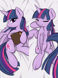 Size: 800x1068 | Tagged: safe, artist:theparagon, twilight sparkle, alicorn, pony, g4, bed, body pillow, body pillow design, book, butt, cute, female, lidded eyes, mare, one eye closed, plot, solo, twilight sparkle (alicorn), underhoof