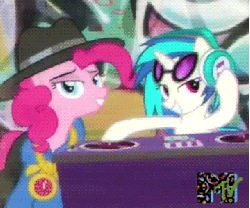 Size: 360x300 | Tagged: safe, screencap, dj pon-3, pinkie pie, vinyl scratch, pony, g4, season 4, testing testing 1-2-3, adventure in the comments, animated, female, mtv, rapper pie