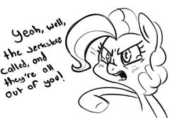 Size: 891x595 | Tagged: safe, artist:nohooves, pinkie pie, g4, crying, dialogue, female, monochrome, seinfeld, sketch, solo