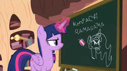 Size: 720x405 | Tagged: safe, edit, screencap, princess celestia, twilight sparkle, alicorn, pony, two best sisters play, g4, testing testing 1-2-3, chalkboard, female, kenpachi ramasama, mare, pat (tbfp), patlestia, solo, twilight sparkle (alicorn), two best friends play, upset