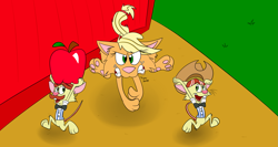 Size: 3353x1788 | Tagged: safe, artist:taijey, applejack, flam, flim, cat, mouse, g4, apple, applecat, catified, flim flam brothers, hat, mousified, species swap