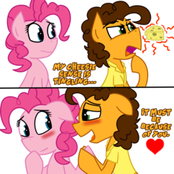 Size: 894x894 | Tagged: source needed, safe, artist:kev-darkhood, cheese sandwich, pinkie pie, blushing, cheese, cheesepie, cheesy sense, comic, cute, dialogue, eye contact, female, flirting, floppy ears, frown, glare, heart, hilarious in hindsight, holding hooves, lidded eyes, looking at each other, male, open mouth, shipping, smiling, straight, thinking