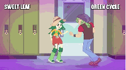 Size: 576x324 | Tagged: safe, screencap, sandalwood, sweet leaf, equestria girls, g4, music to my ears, my little pony equestria girls: rainbow rocks, animated, background human, boots, clothes, door, hackysack, hat, high heel boots, lockers, shoes
