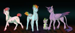 Size: 1355x589 | Tagged: safe, artist:daphianna, pinkie pie, rainbow dash, spike, twilight sparkle, alicorn, classical unicorn, pony, g4, barb, bubble berry, cloven hooves, dusk shine, horn, leonine tail, prince dusk, rainbow blitz, rule 63, twilight sparkle (alicorn), unshorn fetlocks