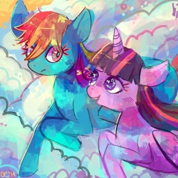 Size: 1280x1280 | Tagged: safe, artist:cherivinca, rainbow dash, twilight sparkle, alicorn, pony, g4, testing testing 1-2-3, female, mare, twilight sparkle (alicorn)