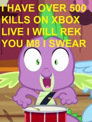 Size: 583x773 | Tagged: safe, screencap, spike, dragon, g4, testing testing 1-2-3, drums, male, musical instrument, reaction image, solo, u wot m8, xbox live