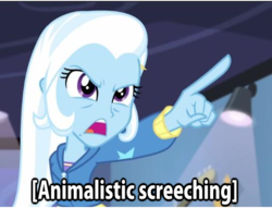 Size: 506x386 | Tagged: safe, trixie, equestria girls, g4, guitar centered, my little pony equestria girls: rainbow rocks, descriptive noise, female, image macro, invasion of the body snatchers, meme, pointing, pointing trixie, solo, trixie yells at everything