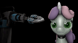 Size: 640x360 | Tagged: safe, artist:fruitymilk, sweetie belle, pony, robot, robot pony, unicorn, g4, 3d, animated, explicit source, female, filly, foal, frown, gif, horn, loop, poking, solo, source filmmaker, sweetie bot, unamused