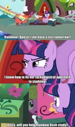 Size: 782x1317 | Tagged: safe, screencap, daisy, flower wishes, rainbow dash, twilight sparkle, alicorn, pony, g4, testing testing 1-2-3, female, mare, pun, screencap comic, twilight sparkle (alicorn)