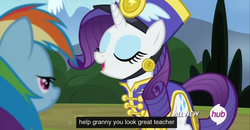 Size: 1600x830 | Tagged: safe, screencap, rainbow dash, rarity, g4, my little pony: friendship is magic, testing testing 1-2-3, ancient wonderbolts uniform, hub logo, meme, sgt. rarity, youtube caption