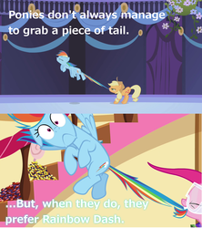 Size: 1280x1444 | Tagged: safe, edit, edited screencap, screencap, applejack, pinkie pie, rainbow dash, earth pony, pegasus, pony, friendship is magic, g4, maud pie (episode), caption, comic, female, goggles, image macro, innuendo, mare, meme, mouth hold, pun, rock candy, tail pull, wide eyes