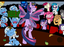 Size: 490x360 | Tagged: safe, artist:kyonsylar, applejack, dj pon-3, octavia melody, pinkie pie, rarity, trixie, twilight sparkle, vinyl scratch, pony pov series, g4, alex warlorn, fanfic, reharmonized ponies