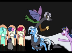 Size: 490x360 | Tagged: safe, artist:kyonsylar, bon bon, lyra heartstrings, sweetie drops, trixie, twilight sparkle, oc, oc:loneliness, pony pov series, g4, alex warlorn, fanfic, reharmonized ponies