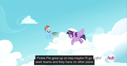 Size: 1600x830 | Tagged: safe, screencap, rainbow dash, twilight sparkle, alicorn, pony, g4, testing testing 1-2-3, female, hub logo, iraq, mare, meme, twilight sparkle (alicorn), youtube caption