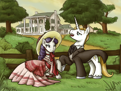 Size: 1280x966 | Tagged: safe, artist:king-kakapo, prince blueblood, rarity, pony, unicorn, g4, clothes, coat, colored, dress, gone with the wind, hat, outdoors, parody