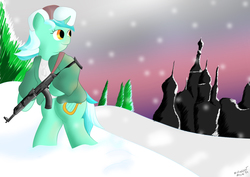 Size: 3507x2480 | Tagged: safe, artist:midnightmeowth, lyra heartstrings, g4, ak-47, female, gun, high res, rifle, snow, snowfall, solo