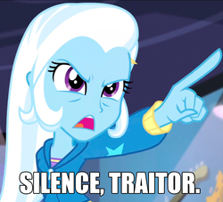 Size: 919x835 | Tagged: safe, trixie, equestria girls, g4, guitar centered, my little pony equestria girls: rainbow rocks, caption, demyx, disney, female, image macro, kingdom hearts, meme, pointing, pointing trixie, reference, solo, text, trixie yells at everything