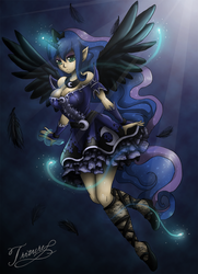 Size: 677x936 | Tagged: safe, artist:triturechan, princess luna, human, g4, elf ears, female, horn, horned humanization, humanized, solo, tailed humanization, winged humanization