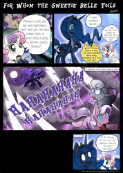 Size: 1516x2132 | Tagged: safe, artist:vavacung, diamond tiara, fluttershy, princess luna, rarity, silver spoon, sweetie belle, alicorn, earth pony, pony, unicorn, for whom the sweetie belle toils, g4, comic, dream walker luna, glasses, harsher in hindsight, nightmare sweetie belle