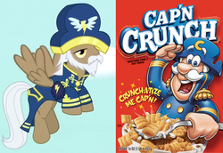 Size: 1398x962 | Tagged: safe, screencap, g4, testing testing 1-2-3, captain crunch, clothes, cropped, flying, spread wings, wings