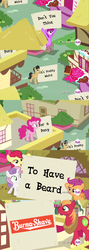 Size: 960x2700 | Tagged: safe, edit, edited screencap, screencap, apple bloom, berry punch, berryshine, big macintosh, pinkie pie, scootaloo, sweetie belle, earth pony, pony, g4, testing testing 1-2-3, burma shave, cutie mark crusaders, male, screencap comic, stallion