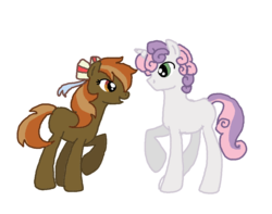 Size: 956x753 | Tagged: safe, artist:1231redflame, button mash, sweetie belle, g4, eye contact, female, joystick (r63), male, raised hoof, ribbon, rule 63, ship:joybell, ship:sweetiemash, shipping, silver bell, smiling, straight