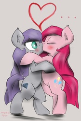 Size: 800x1190 | Tagged: dead source, safe, artist:macheteponies, maud pie, pinkie pie, earth pony, pony, g4, bipedal leaning, blushing, duo, ear fluff, female, heart, incest, kiss on the lips, kissing, lesbian, mare, piecest, pinkamena diane pie, ship:pinkiemaud, shipping, siblings, sisters, surprise kiss
